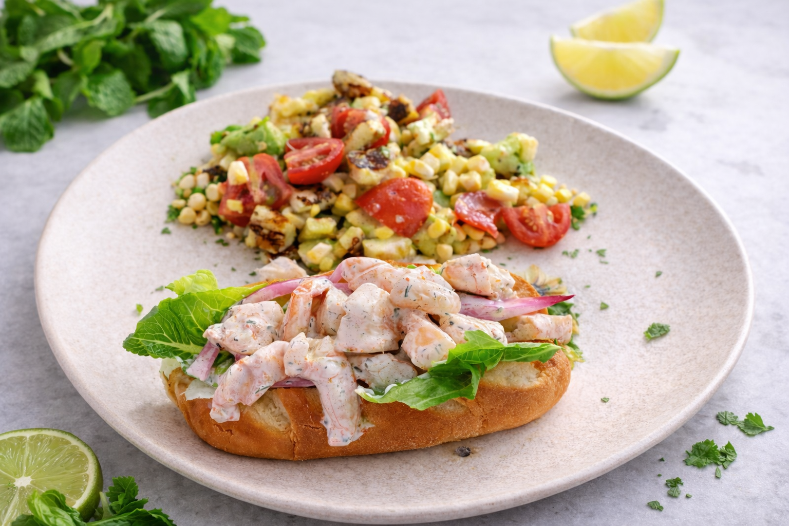 Prawn lobster rolls with charred corn, halloumi and avocado salad